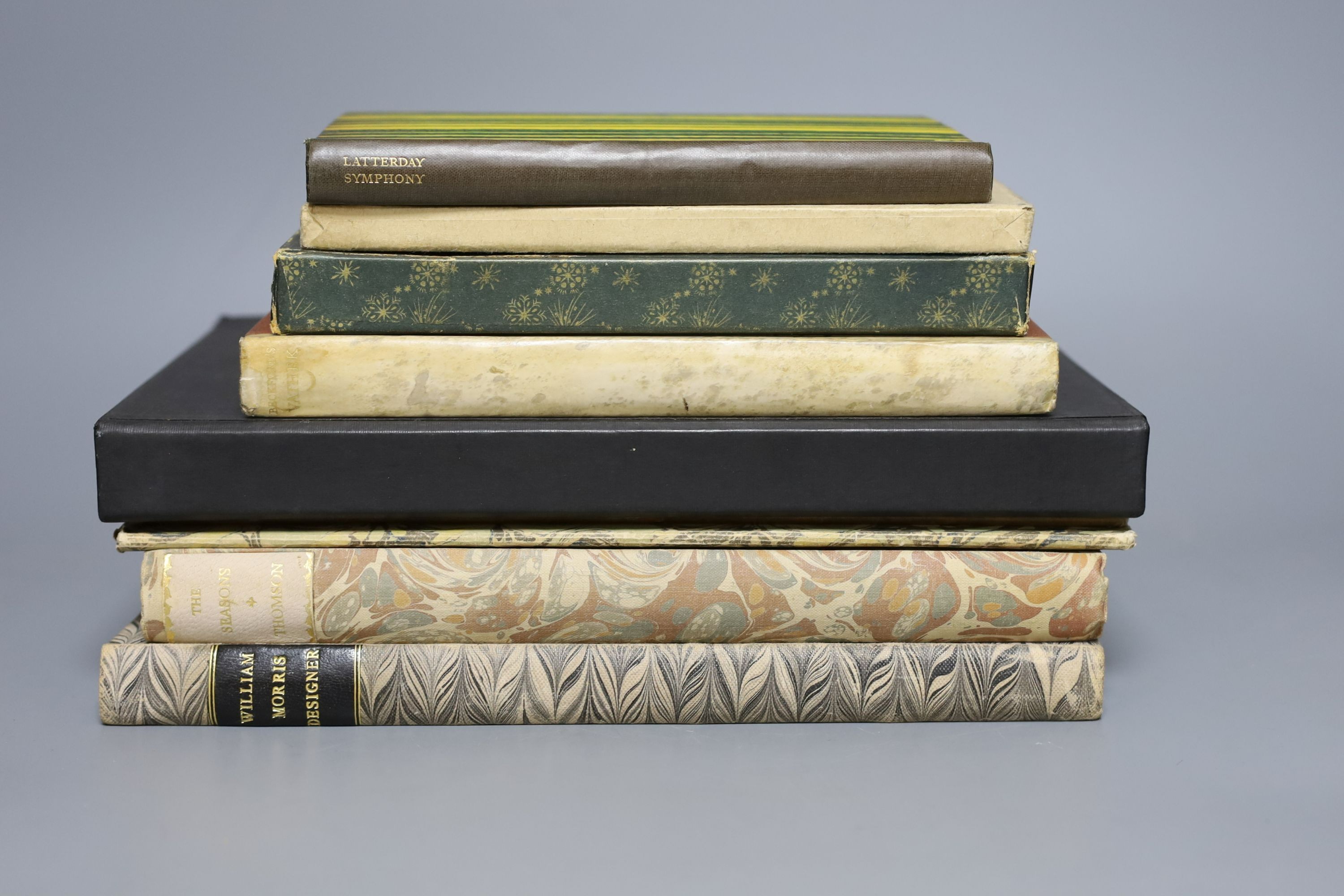 Nonesuch Press - Thomson, James - The Seasons, one of 1500, 4to, marble boards, illustrated by Jacquier, London, 1927 and Crow, Gerald Henry - William Morris Designer, 4to, cloth, The Studio, London, 1934 (2)